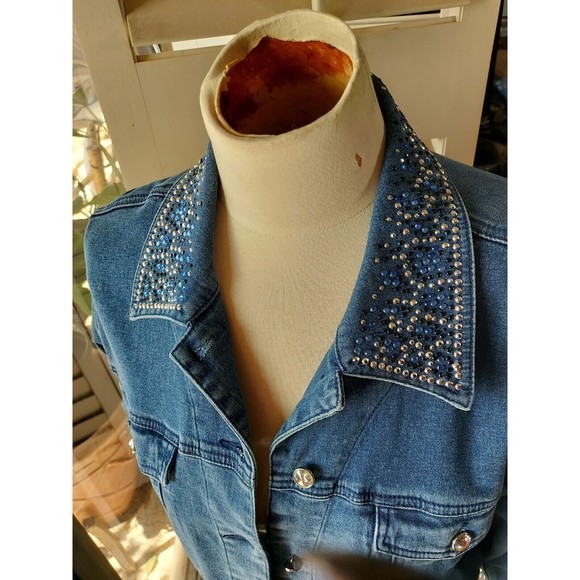Quacker Factory Blue Bling Embellished Rhinestone Studded Denim Jean Jacket sz S - Picture 3 of 14
